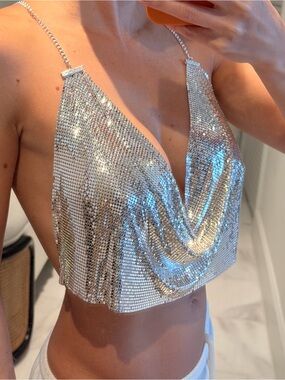 Silver Chainmail Inspired Cowl Neck Crop Top